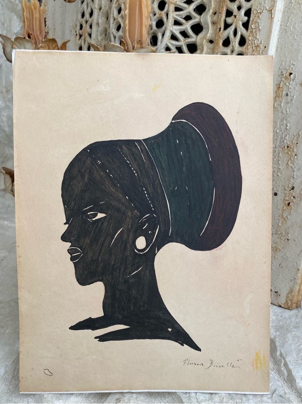 Antique Artwork c1940 of Gorgeous Zulu Woman with Beautiful Headdress